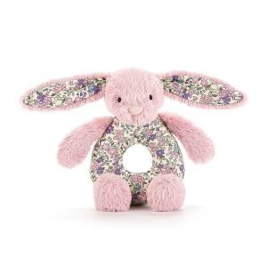 A beautiful tulip pink and pink floral fabric bunny with a circular body for baby to grab. The bunny rattles