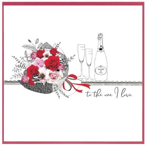 Beautiful hand drawn flower bouquet and champagne bottle and glasses with added photographic elements of red roses in the bouquet. hand finished with gem stones and the hand written style words to the one I love