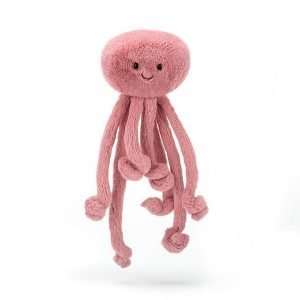 A plump pink jellyfish from Jellycat. He has a big cuddly head and long curly tentacles.