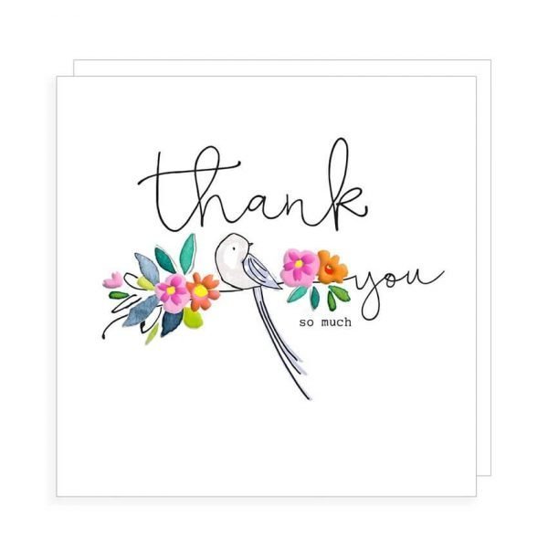 A thank you card with a bird sitting on a branch of colourful flowers and the words Thank You So Much