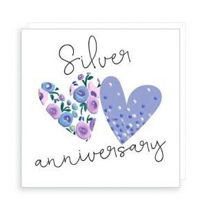A silver wedding anniversary card with 2 hearts in lilacs and blues with embossing