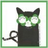 A good luck card with a fun illustration of a black cat in four leaf clover glasses and good luck written on the glasses