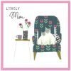 A mother's day card with two cats sitting on a comfy chair looking straight at you. A vase of flowers and a cuppa are on the table next to the chair and the words read Lovely Mum