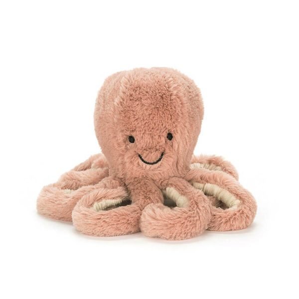 Jellycat Odell Octopus Baby. Tiny baby octopus soft toy in soft apricot with 8 curly tentacles.