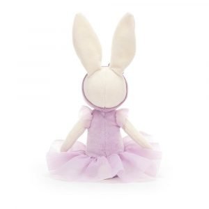 A cream velveteen ballerinaballerina bunny soft toy in a lilac tutu and matching headband