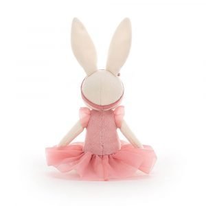 A cute ballerina bunny soft toy. In a soft cream velvet with a beautiful pink dress and tutu