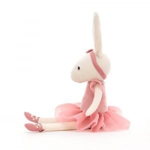 A cute ballerina bunny soft toy. In a soft cream velvet with a beautiful pink dress and tutu