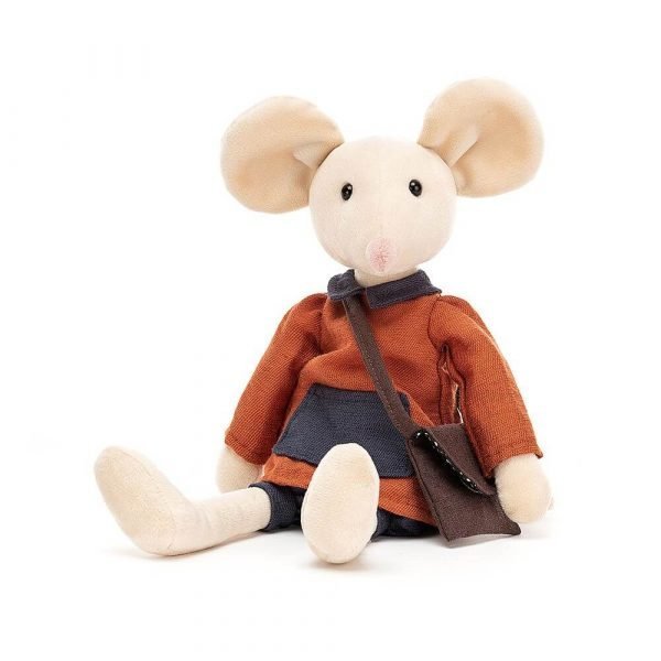 A cute cream mouse dressed in blue pantaloons and a linen smock in navy and rust, carrying a little bag.!