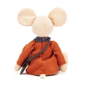 A cute cream mouse dressed in blue pantaloons and a linen smock in navy and rust, carrying a little bag.!