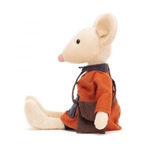 A cute cream mouse dressed in blue pantaloons and a linen smock in navy and rust, carrying a little bag.!