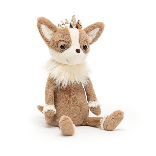 A little chihuahua dog cuddly toy with a golden crown and big doggy eyes. A lovely gift for a little girl