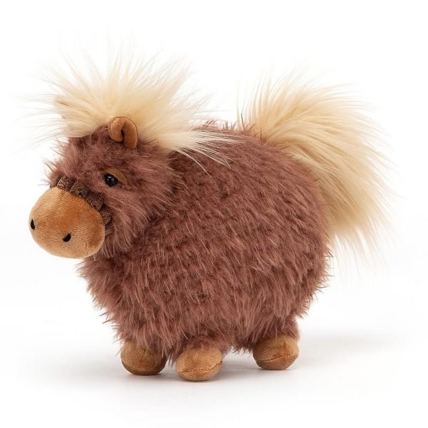 A fluffy round roly poly pony cuddly toy with a fluffy mane. brown with a cream mane