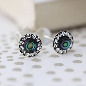 A pair of sterling silver abalone and crystal studs. These earrings have a centre made from abalone shell and are finished with tiny crystals around the edges.