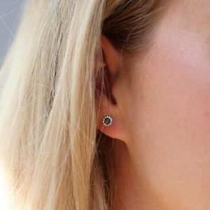 A pair of sterling silver abalone and crystal studs. These earrings have a centre made from abalone shell and are finished with tiny crystals around the edges.