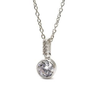 A silver drop pendant with a crystal inset and crystal stem, on a silver chain.