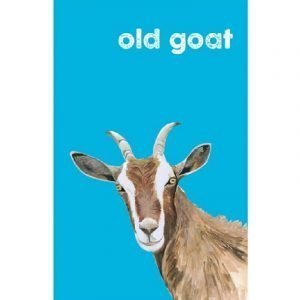 A bright blue cotton tea towel with a picture of a goat and the words old goat