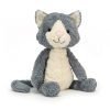A sweet little cuddly toy cat with grey tousled fur and a white tummy