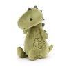 A gorgeous velvet soft dinosaur soft toy with stitched scales, soft spines and a squashy tail. In moss green with a cute smiling face. Suitable from birth