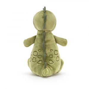 A gorgeous velvet soft dinosaur soft toy with stitched scales, soft spines and a squashy tail. In moss green with a cute smiling face. Suitable from birth