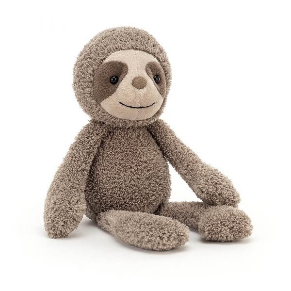 A sloth soft toy from Jellycat with soft shaggy fur anda smiley cute face.