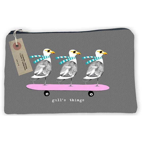 A grey makeup bag with an image of 3 seagulls on a skate board and the words 'Gulls Things' printed on it.