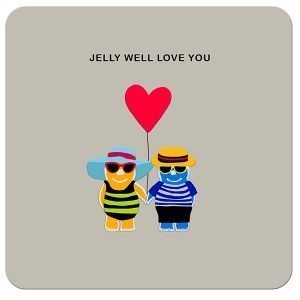 A cute coaster from british designer Sally Scaffardi with an image of two jelly babies with a heart shaped balloon and the words I Jelly Well Love you printed on it.