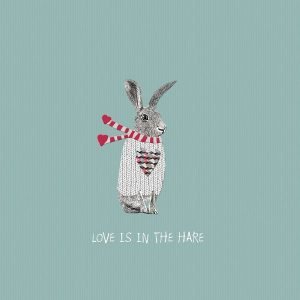 A cute card from British card designer Sally Scaffardi with an image of a hare with a jumper and scarf on and the words 'Love is in the hare' printed on it.
