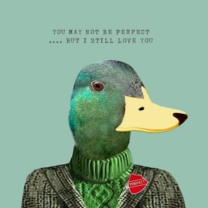 A quirky card by British card designer Sally Scaffardi with an image of a duck dressed in clothes and wearing a prefect badge. The card has the wording You may not be perfect but I still love you' printed on it.