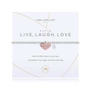 An elasticated bracelet from Joma with round silver plated brass beads and a rose gold heart pendant stamped with live laugh love from Joma. Presented on a white card printed with A little Live Laugh Love - wear this little charm on your way a reminder to live, laugh and love every day