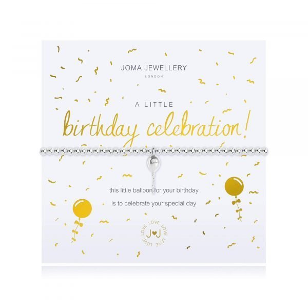 An elasticated bracelet from Joma with round silver plated brass beads and a silver plated balloon pendant from Joma. Presented on a white card printed with A little Live Birthday Celebration - this little balloon for your birthday is to celebrate your special day