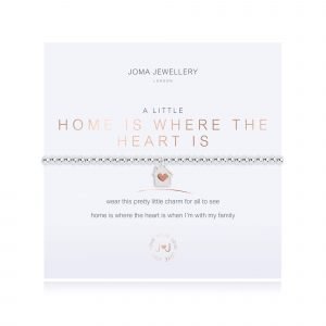 An elasticated bracelet from Joma with round silver plated brass beads and a silver plated house shaped pendant with a little rose gold heart from Joma. Presented on a white card printed with A little Home is Where The Heart Is - wear this pretty little charm for all to see home is where the heart is when I'm with my family