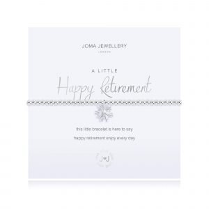 An elasticated bracelet from Joma with round silver plated brass beads and a silver plated flower pendant from Joma. Presented on a white card printed with A little Happy Retirement - this little bracelet it here to say happy retirement enjoy every day