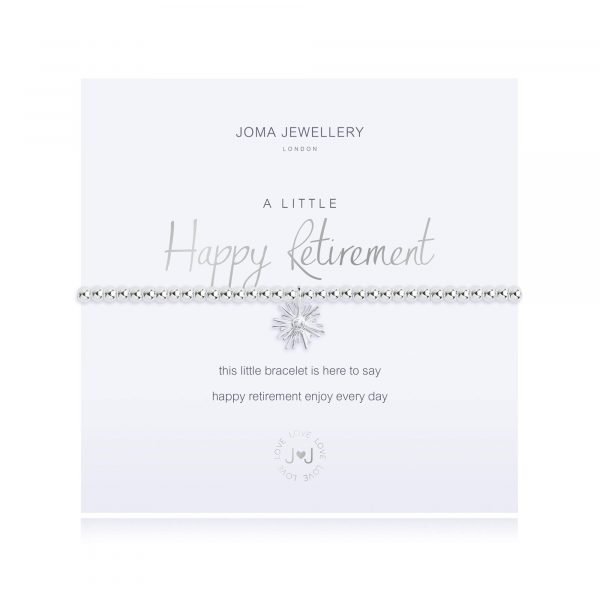 An elasticated bracelet from Joma with round silver plated brass beads and a silver plated flower pendant from Joma. Presented on a white card printed with A little Happy Retirement - this little bracelet it here to say happy retirement enjoy every day