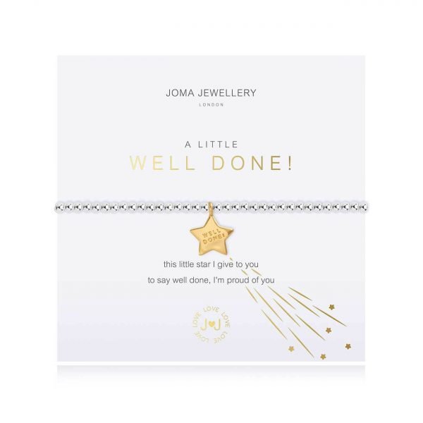 An elasticated bracelet from Joma with round silver plated brass beads and a rose gold star pendant stamped with well done from Joma. Presented on a white card printed with A little Well Done - this little star I give to you, to say well done. I'm proud of you