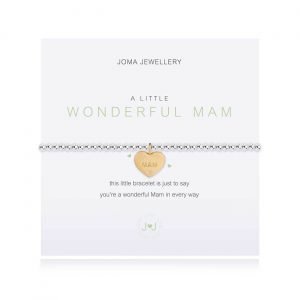 An elasticated bracelet from Joma with round silver plated brass beads and a rose gold heart pendant stamped with Mam from Joma. Presented on a white card printed with A little Wonderful Mam - this little bracelet is just to say, you're a wonderful Mam in every way.