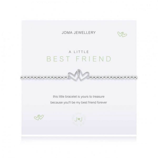 An elasticated bracelet from Joma with round silver plated brass beads and two interlocking silver hearts from Joma. Presented on a white card printed with A little Best Friend - this little bracelet is yours to treasure, because you'll be my best friend forever