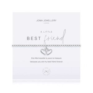 An elasticated bracelet from Joma with round silver plated brass beads and two interlocking silver hearts pendant from Joma. Presented on a white card printed with A little Best Friend - this little bracelet is yours to treasure, because you'll be my best friend forever