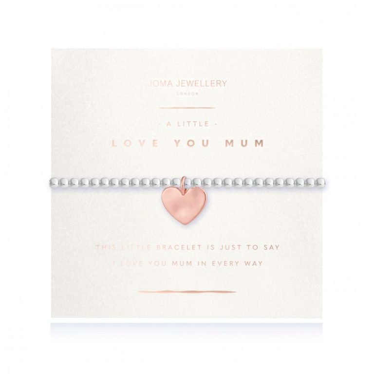 A silver plated stretch bracelet with a gold plated heart charm which is presented on a square card with the words A little I Love you Mum printed on it.