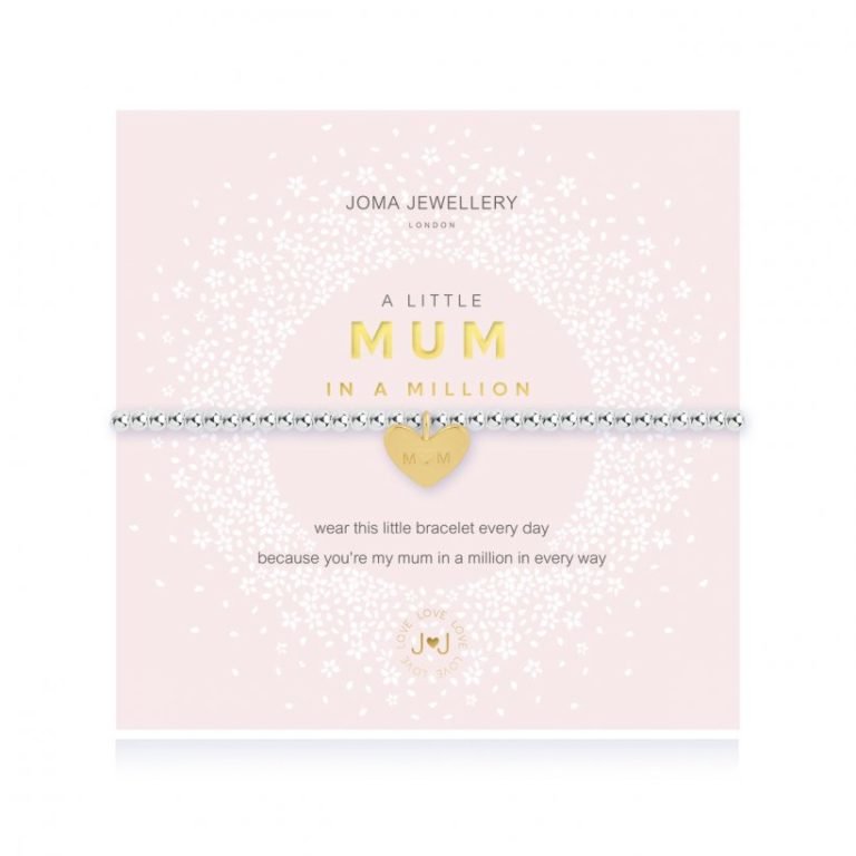 A silver plated bead stretch bracelet with an embellished gold heart charm from Joma Jewellery. The bracelet is presented on a pink coloured card with the wording A Little Mum in a Million printed on it.