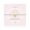 A silver plated bead stretch bracelet with an embellished gold heart charm from Joma Jewellery. The bracelet is presented on a pink coloured card with the wording A Little Mum in a Million printed on it.