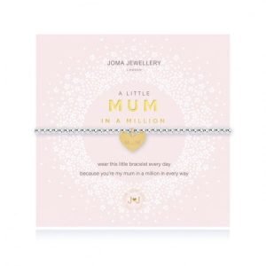 A silver plated bead stretch bracelet with an embellished gold heart charm from Joma Jewellery. The bracelet is presented on a pink coloured card with the wording A Little Mum in a Million printed on it.
