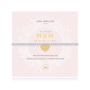 A silver plated bead stretch bracelet with an embellished gold heart charm from Joma Jewellery. The bracelet is presented on a pink coloured card with the wording A Little Mum in a Million printed on it.