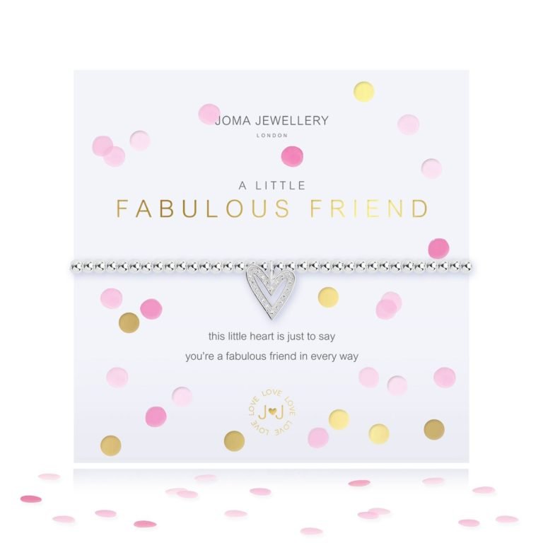 A silver plated bead stretch bracelet with an embellished heart charm from Joma Jewellery. The bracelet comes on a white card with a confetti design and the words A Little Fabulous Friend printed on it.