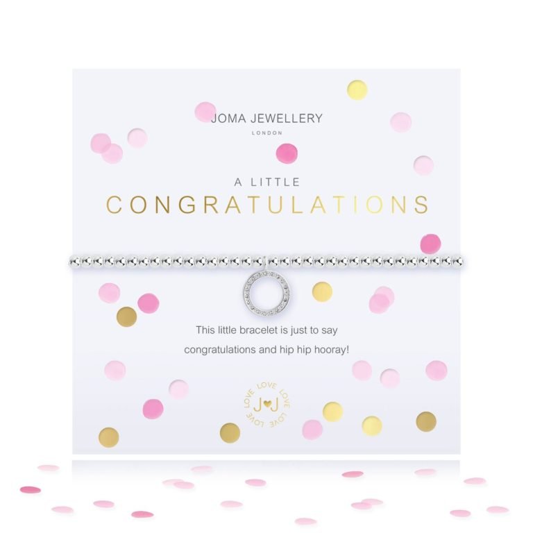 A lovely silver plated stretch bracelet with a gorgeous circle embellished charm on it. The bracelet comes on a card with a colourful confetti design and the words A Little Congratulations printed on it. From Joma Jewellery's A Little range.