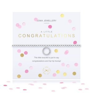 A lovely silver plated stretch bracelet with a gorgeous circle embellished charm on it. The bracelet comes on a card with a colourful confetti design and the words A Little Congratulations printed on it. From Joma Jewellery's A Little range.