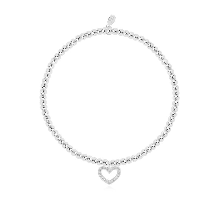 A silver plated bead stretch bracelet with crystal embellished heart charm, from Joma jewellery. The bracelet is presented on a square card with a lovely colourful confetti design.