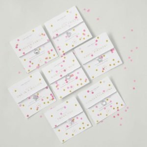 A silver plated bead stretch bracelet with crystal embellished heart charm, from Joma jewellery. The bracelet is presented on a square card with a lovely colourful confetti design.