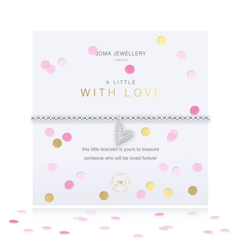 A lovely silver plated stretch bracelet which has a lovely sparkly embellished heart charm. The bracelet is presented on a square sentiment card with lovely confetti design and the words 'A little with love' printed on it.