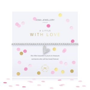 A lovely silver plated stretch bracelet which has a lovely sparkly embellished heart charm. The bracelet is presented on a square sentiment card with lovely confetti design and the words 'A little with love' printed on it.