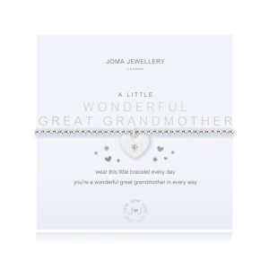 A silver plated stretch bracelet from Joma Jewellery which has a silver heart with a small crystal in the centre of it. The bracelet is on a square card which has the words A little wonderful Great Grandmother printed on it.